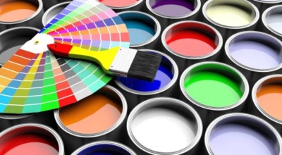 Paint colors catalogue and brush on paint cans background. 3d illustration