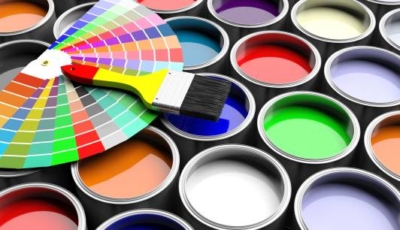 Paint colors catalogue and brush on paint cans background. 3d illustration