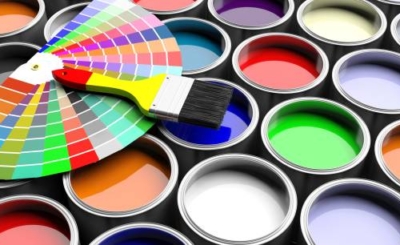 Paint colors catalogue and brush on paint cans background. 3d illustration